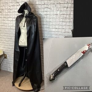 Long Black Hooded Halloween Vampire Witch Cape and Plastic Bloody Knife